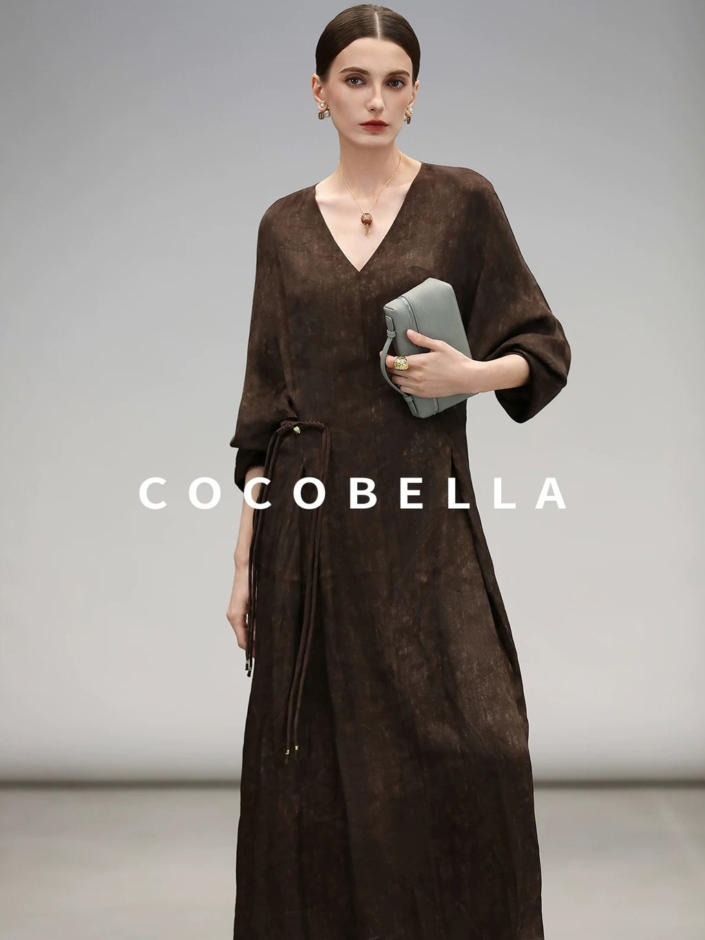 COCOBELLA Chinese Jacquard V Neck A Line Tassel Frog Button Cinched Waist Viscose Dresses