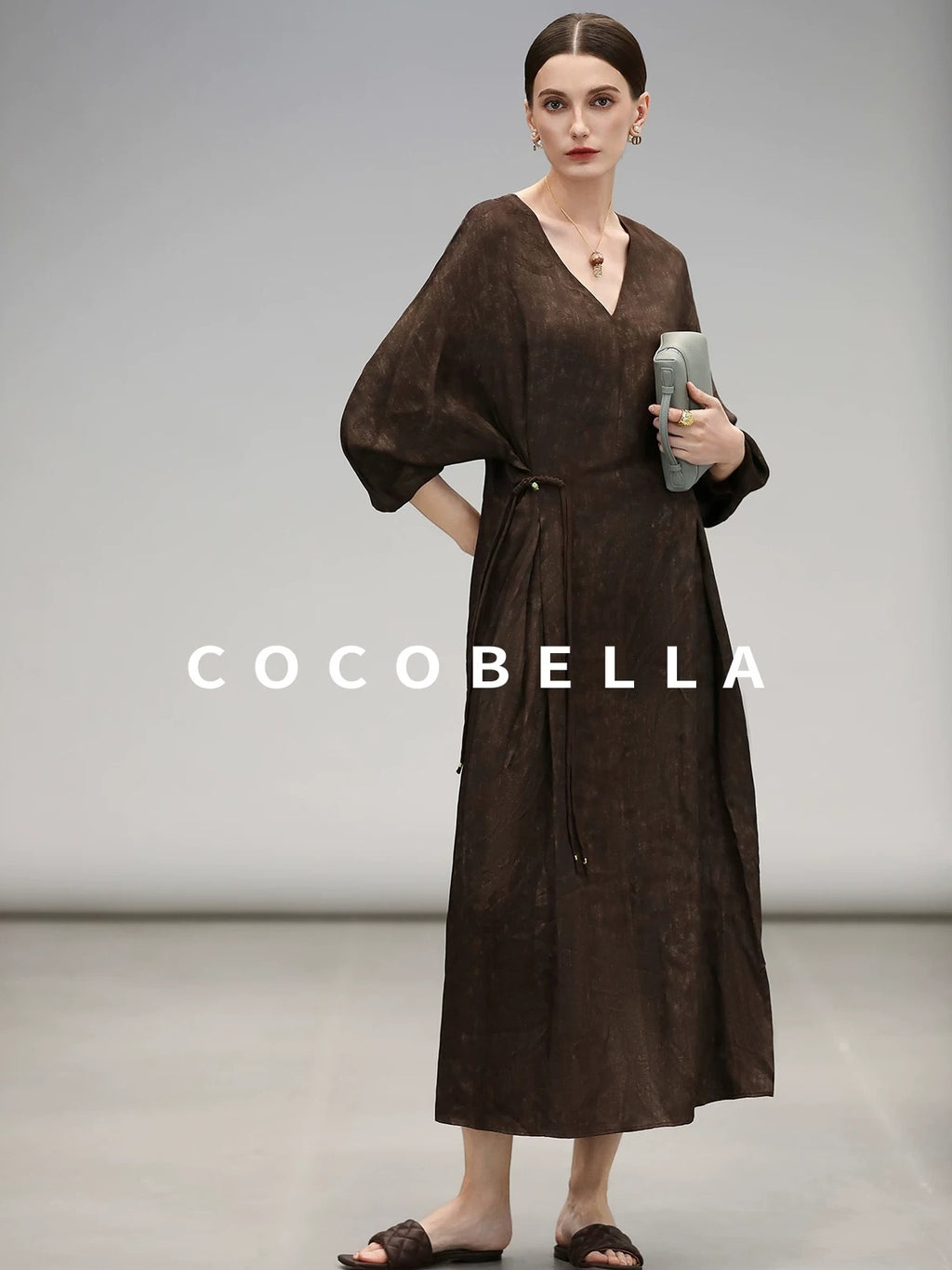COCOBELLA Chinese Jacquard V Neck A Line Tassel Frog Button Cinched Waist Viscose Dresses