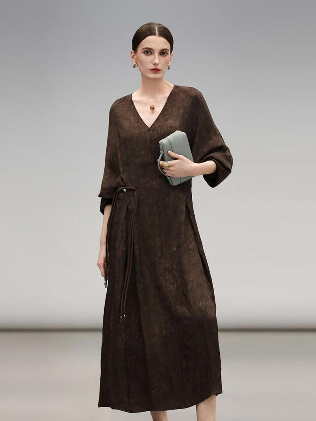 COCOBELLA Chinese Jacquard V Neck A Line Tassel Frog Button Cinched Waist Viscose Dresses