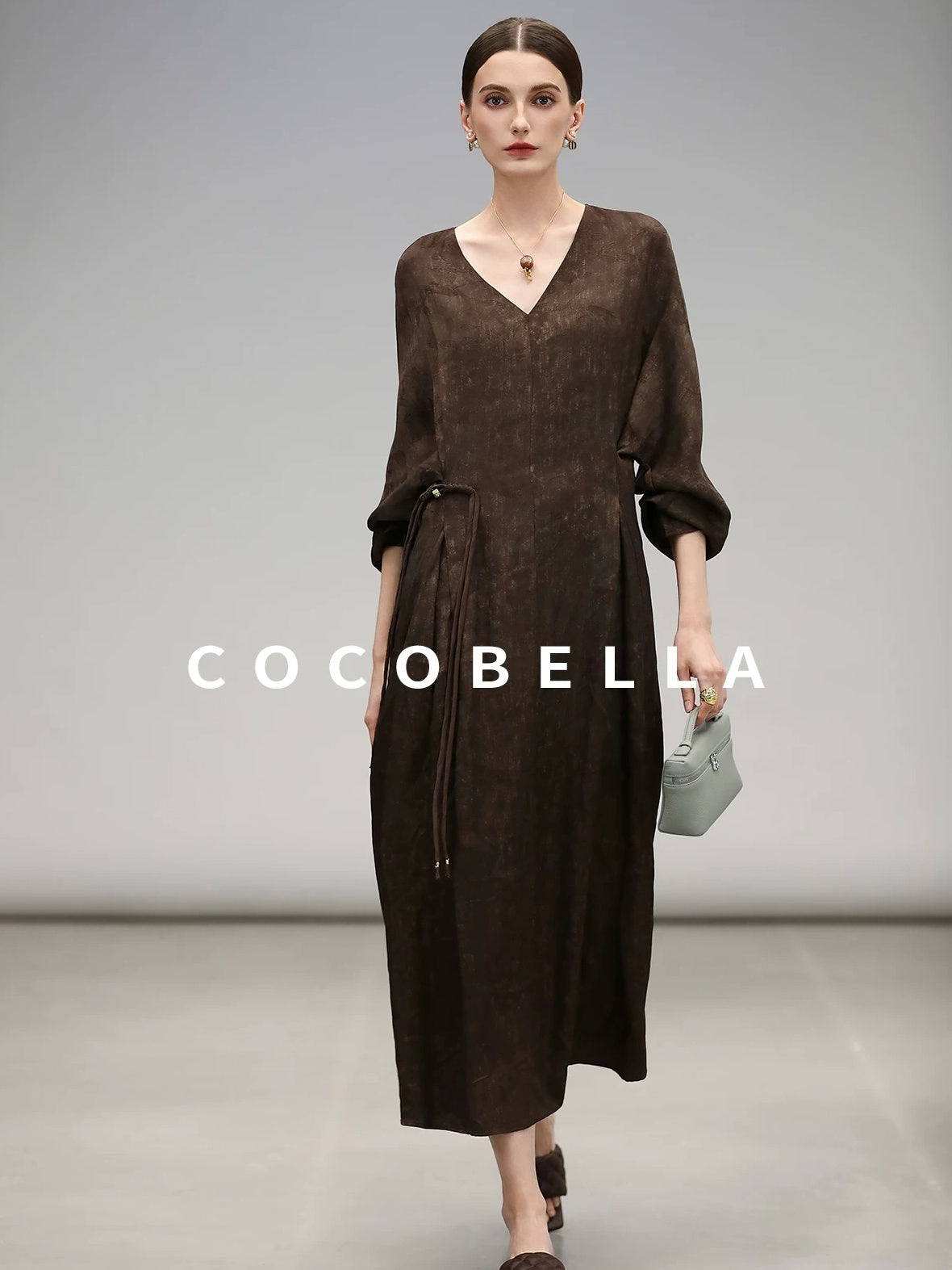 COCOBELLA Chinese Jacquard V Neck A Line Tassel Frog Button Cinched Waist Viscose Dresses