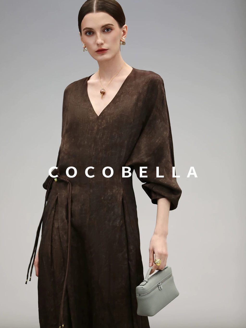 COCOBELLA Chinese Jacquard V Neck A Line Tassel Frog Button Cinched Waist Viscose Dresses