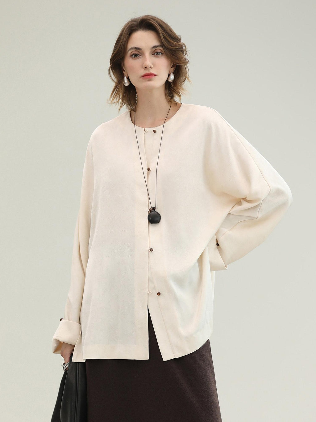 COCOBELLA Chinese Loose Button Long Sleeve Round Neck Midlength Casual Work T-Shirts