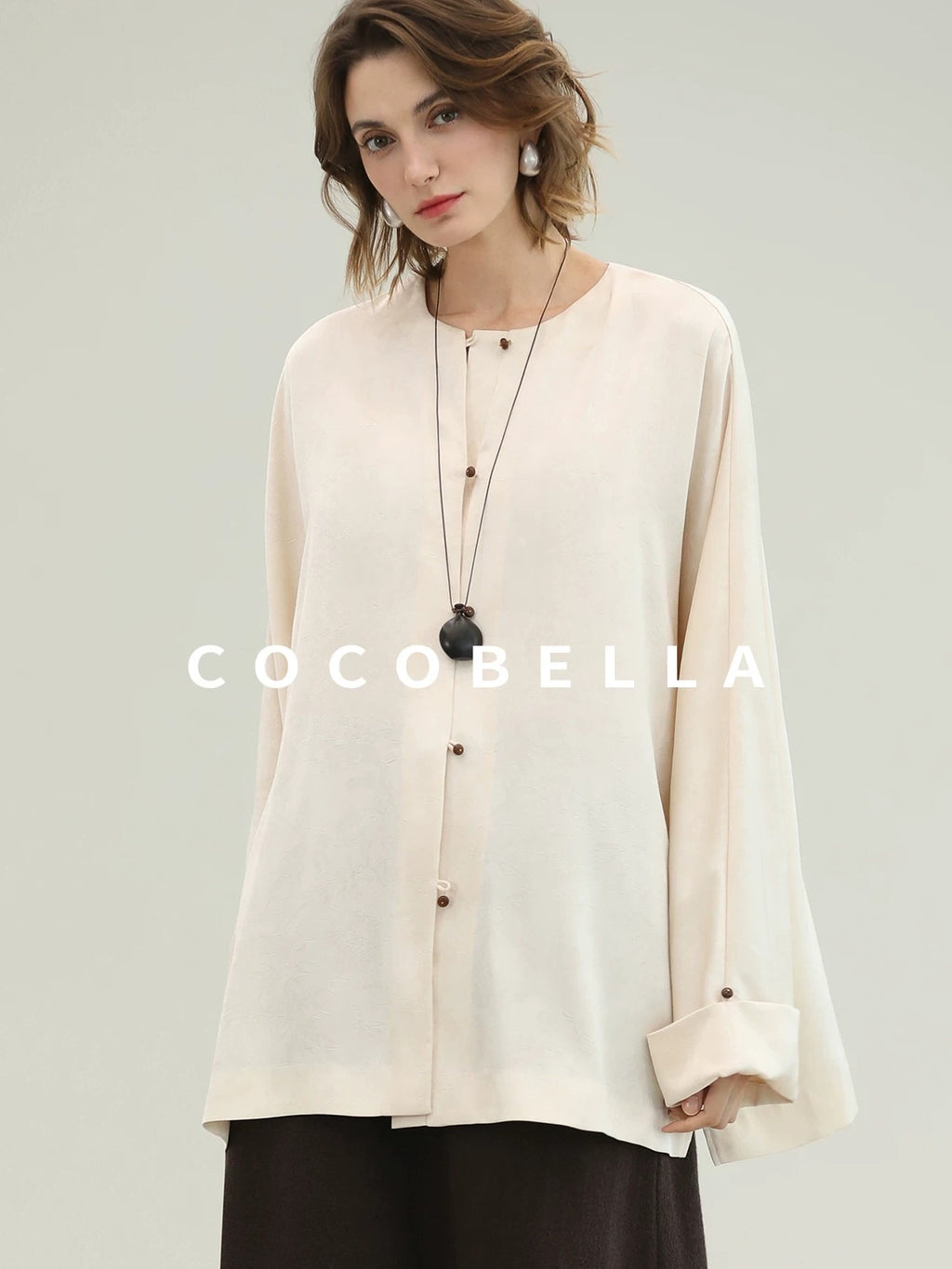 COCOBELLA Chinese Loose Button Long Sleeve Round Neck Midlength Casual Work T-Shirts