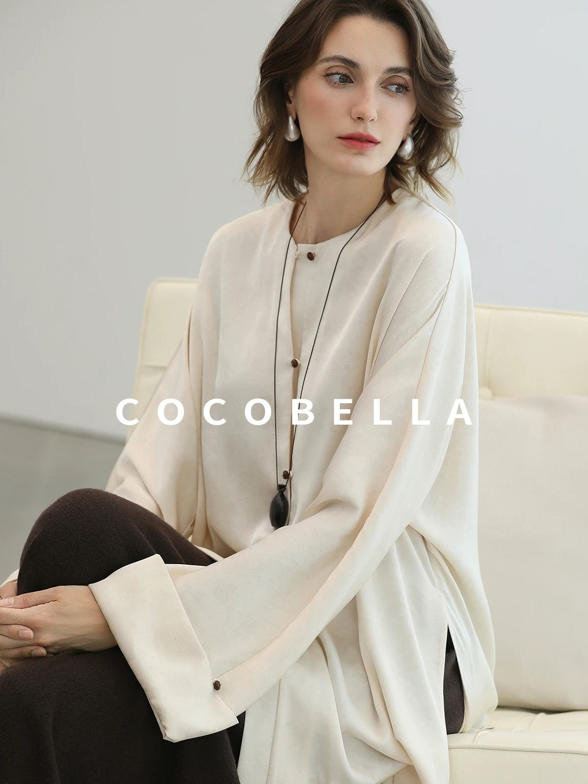 COCOBELLA Chinese Loose Button Long Sleeve Round Neck Midlength Casual Work T-Shirts