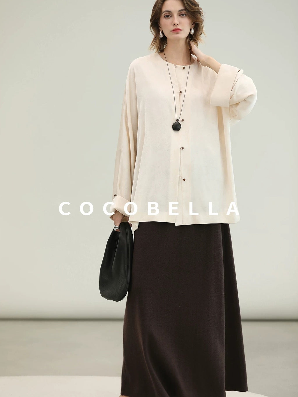 COCOBELLA Chinese Loose Button Long Sleeve Round Neck Midlength Casual Work T-Shirts