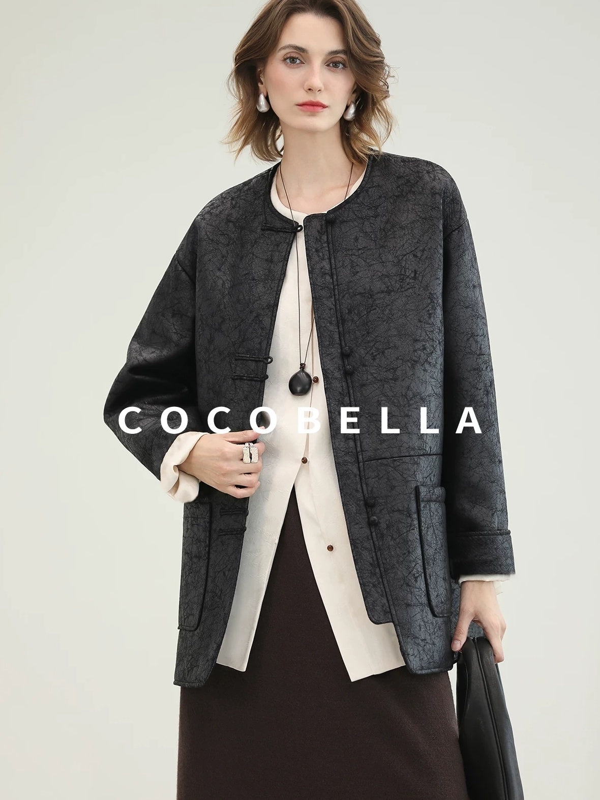 COCOBELLA Chinese Loose Button Long Sleeve Round Neck Midlength Casual Work T-Shirts