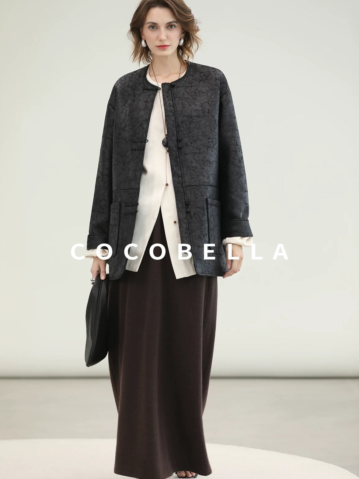 COCOBELLA Chinese Loose Button Long Sleeve Round Neck Midlength Casual Work T-Shirts