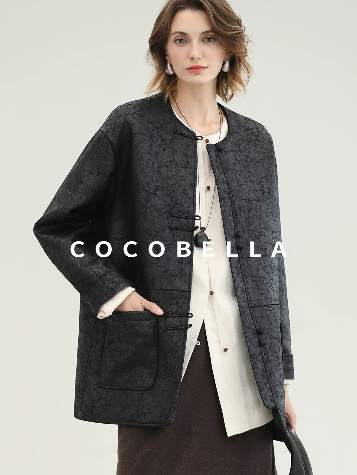 COCOBELLA Chinese Loose Button Long Sleeve Round Neck Midlength Casual Work T-Shirts