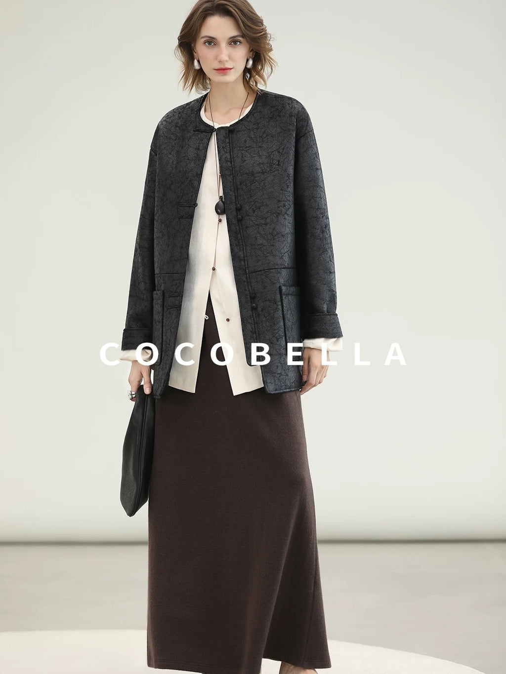 COCOBELLA Chinese Loose Button Long Sleeve Round Neck Midlength Casual Work T-Shirts