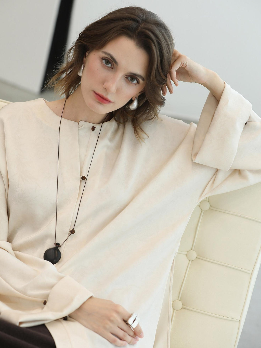 COCOBELLA Chinese Loose Button Long Sleeve Round Neck Midlength Casual Work T-Shirts