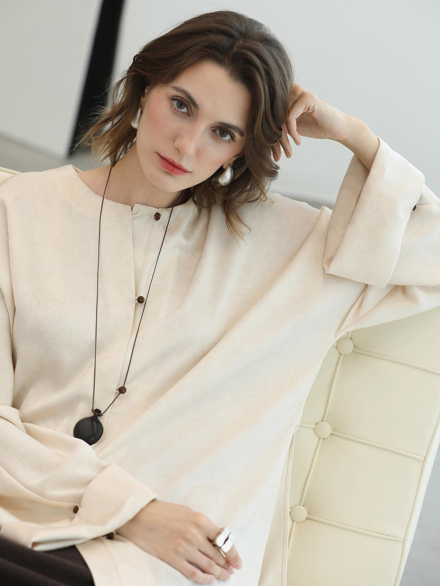 COCOBELLA Chinese Loose Button Long Sleeve Round Neck Midlength Casual Work T-Shirts