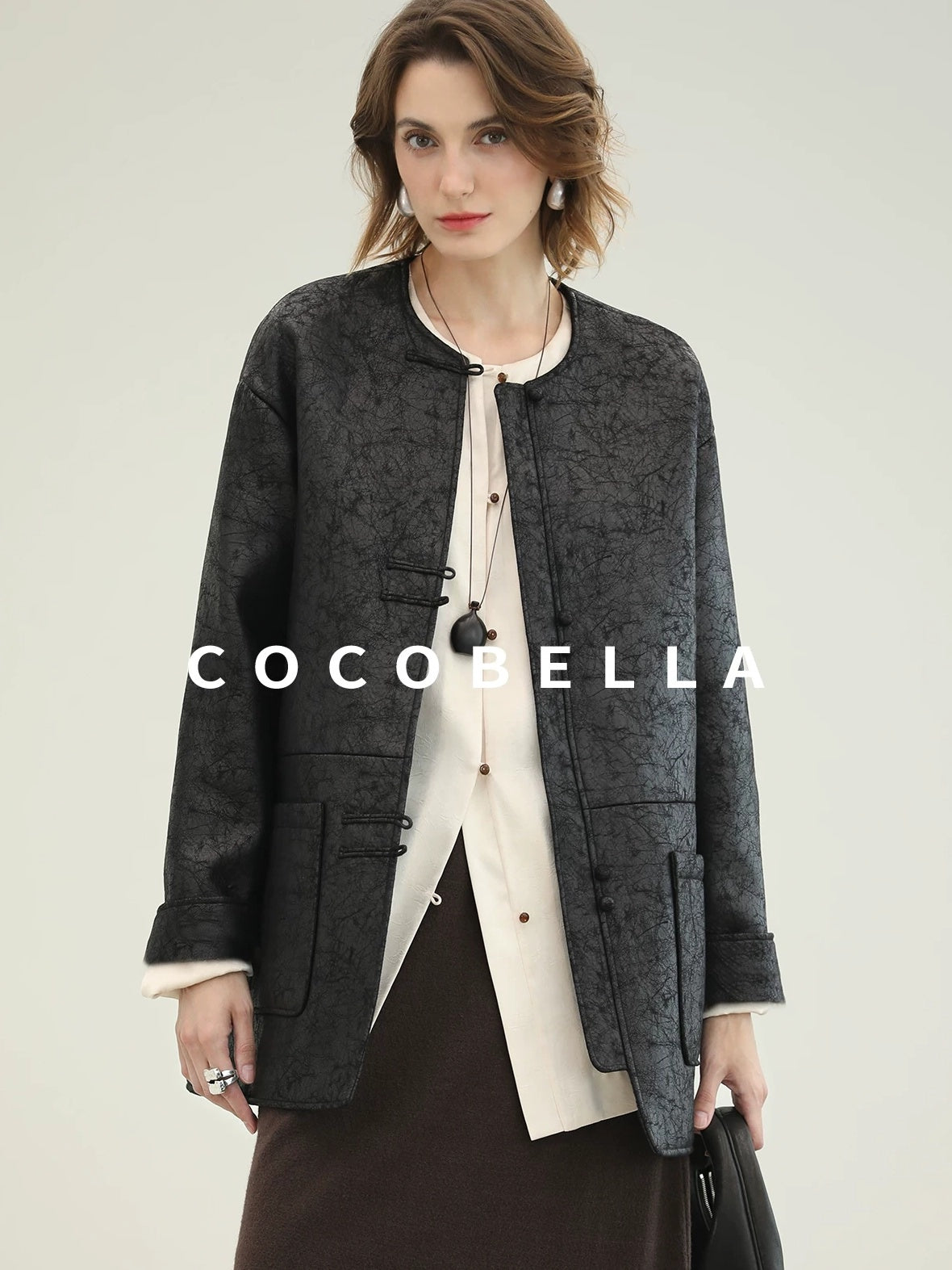 COCOBELLA Chinese Loose Button Long Sleeve Round Neck Midlength Casual Work T-Shirts