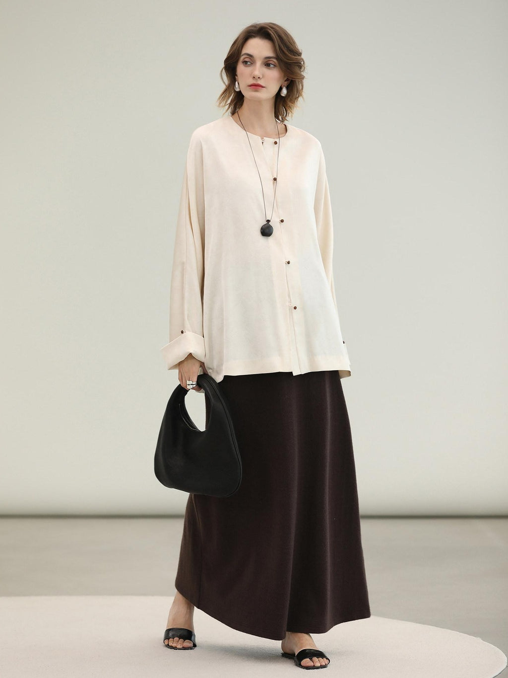 COCOBELLA Chinese Loose Button Long Sleeve Round Neck Midlength Casual Work T-Shirts