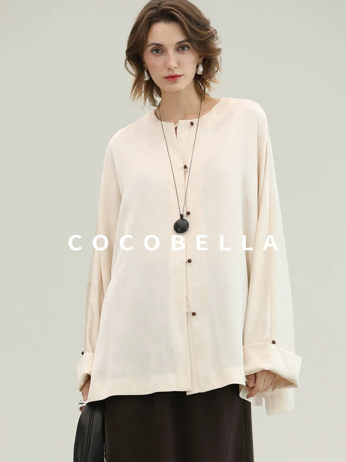 COCOBELLA Chinese Loose Button Long Sleeve Round Neck Midlength Casual Work T-Shirts