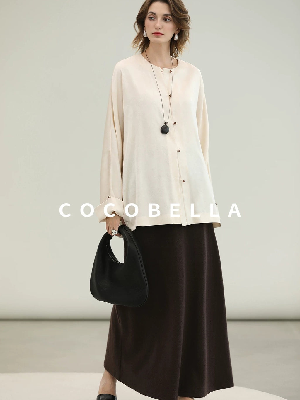 COCOBELLA Chinese Loose Button Long Sleeve Round Neck Midlength Casual Work T-Shirts