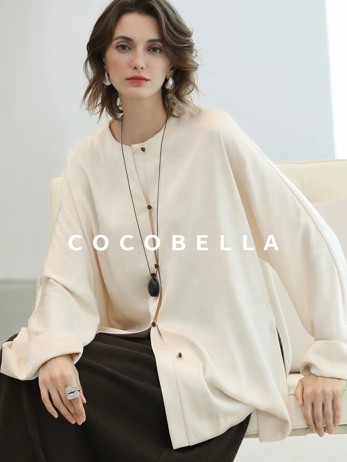 COCOBELLA Chinese Loose Button Long Sleeve Round Neck Midlength Casual Work T-Shirts