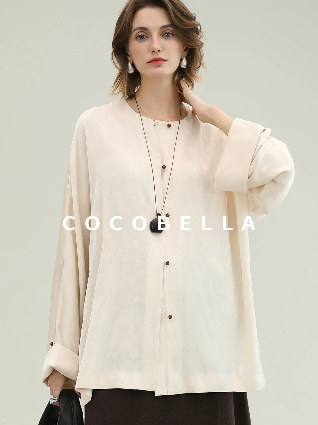 COCOBELLA Chinese Loose Button Long Sleeve Round Neck Midlength Casual Work T-Shirts