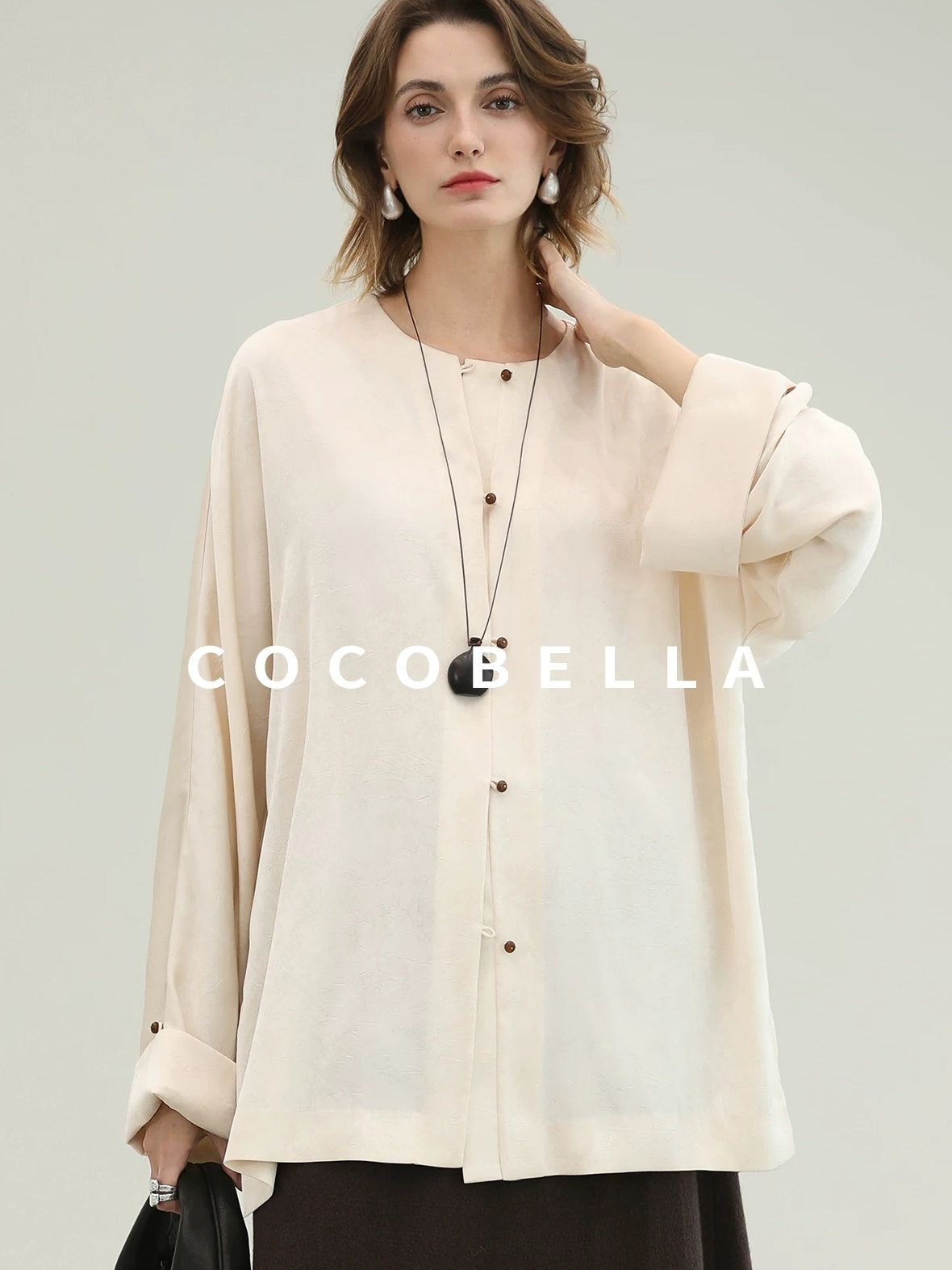 COCOBELLA Chinese Loose Button Long Sleeve Round Neck Midlength Casual Work T-Shirts