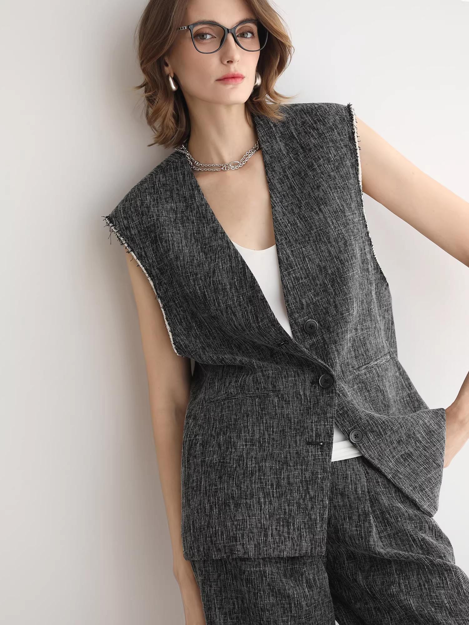 COCOBELLA_Collarless_Frayed_Hem_Office_Straight_Fit_Single_Button_Women_Work_Blazers_MISSTT