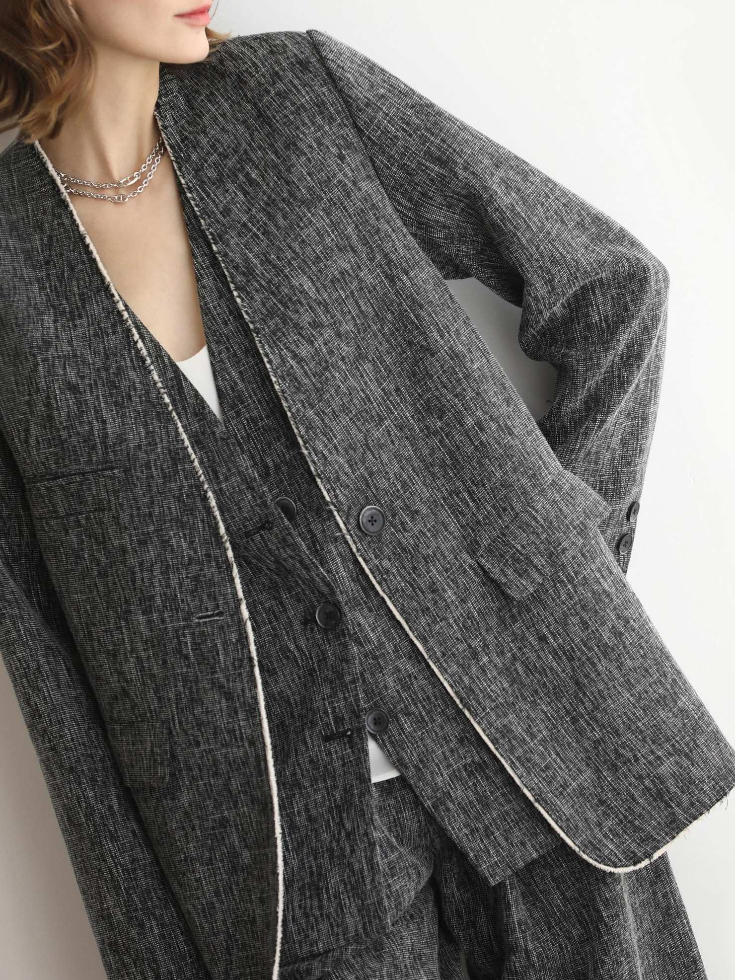 COCOBELLA Collarless Frayed Hem Office Straight Fit Single Button Women Work Blazers
