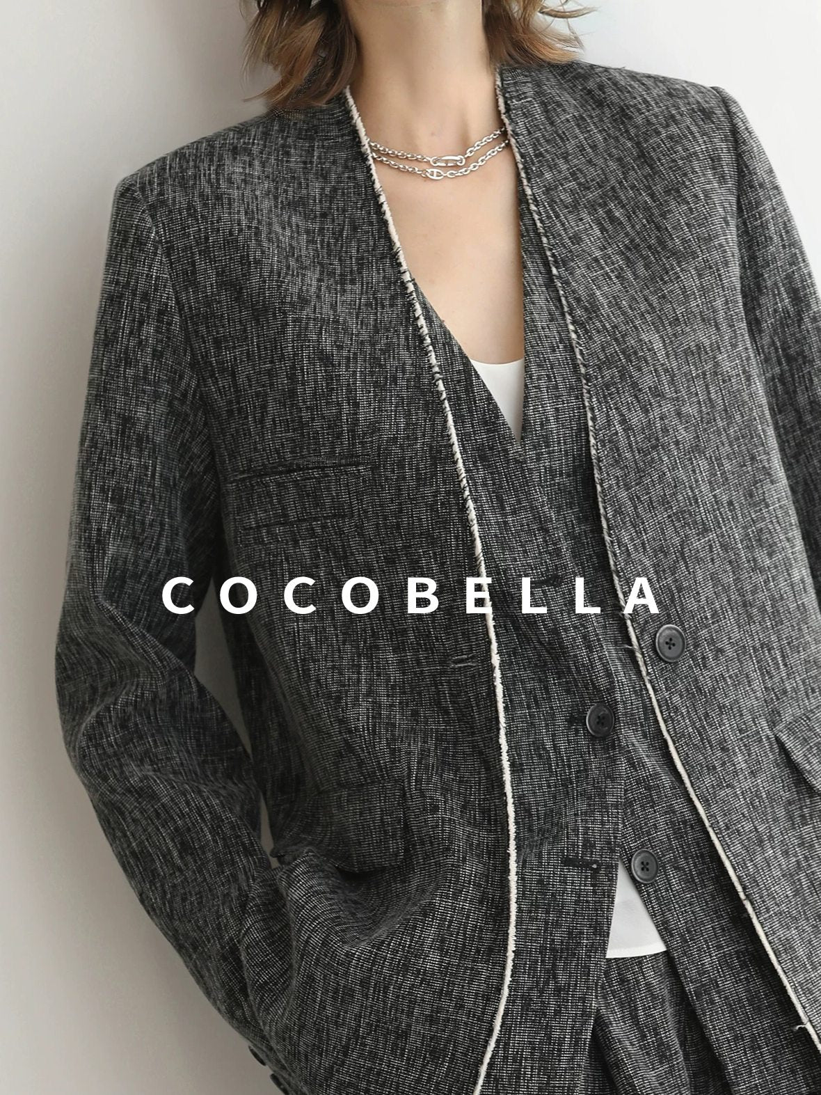 COCOBELLA Collarless Frayed Hem Office Straight Fit Single Button Women Work Blazers