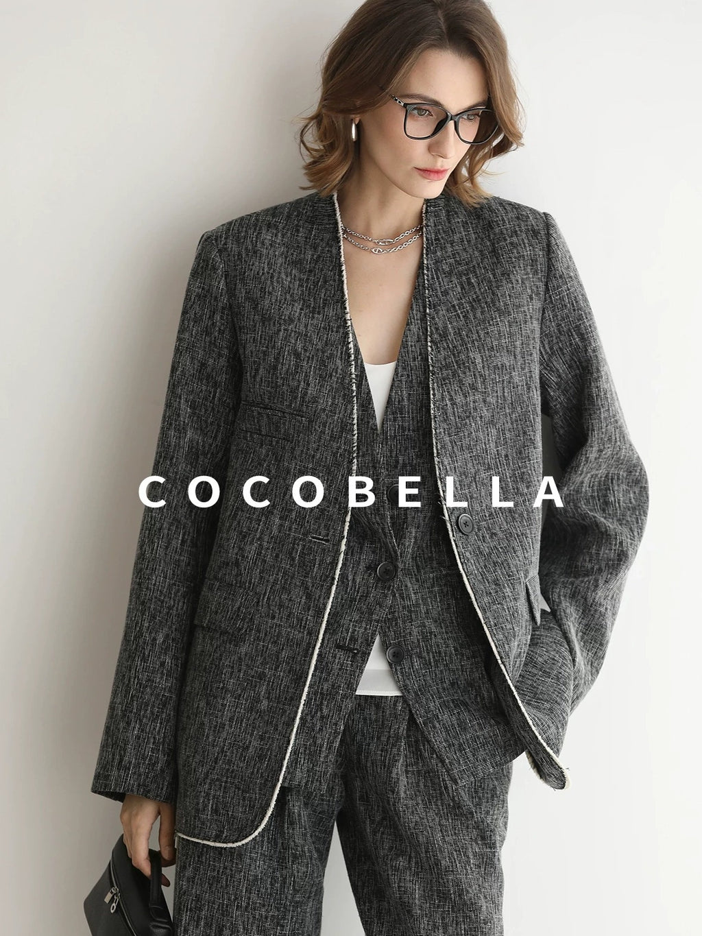 COCOBELLA Collarless Frayed Hem Office Straight Fit Single Button Women Work Blazers