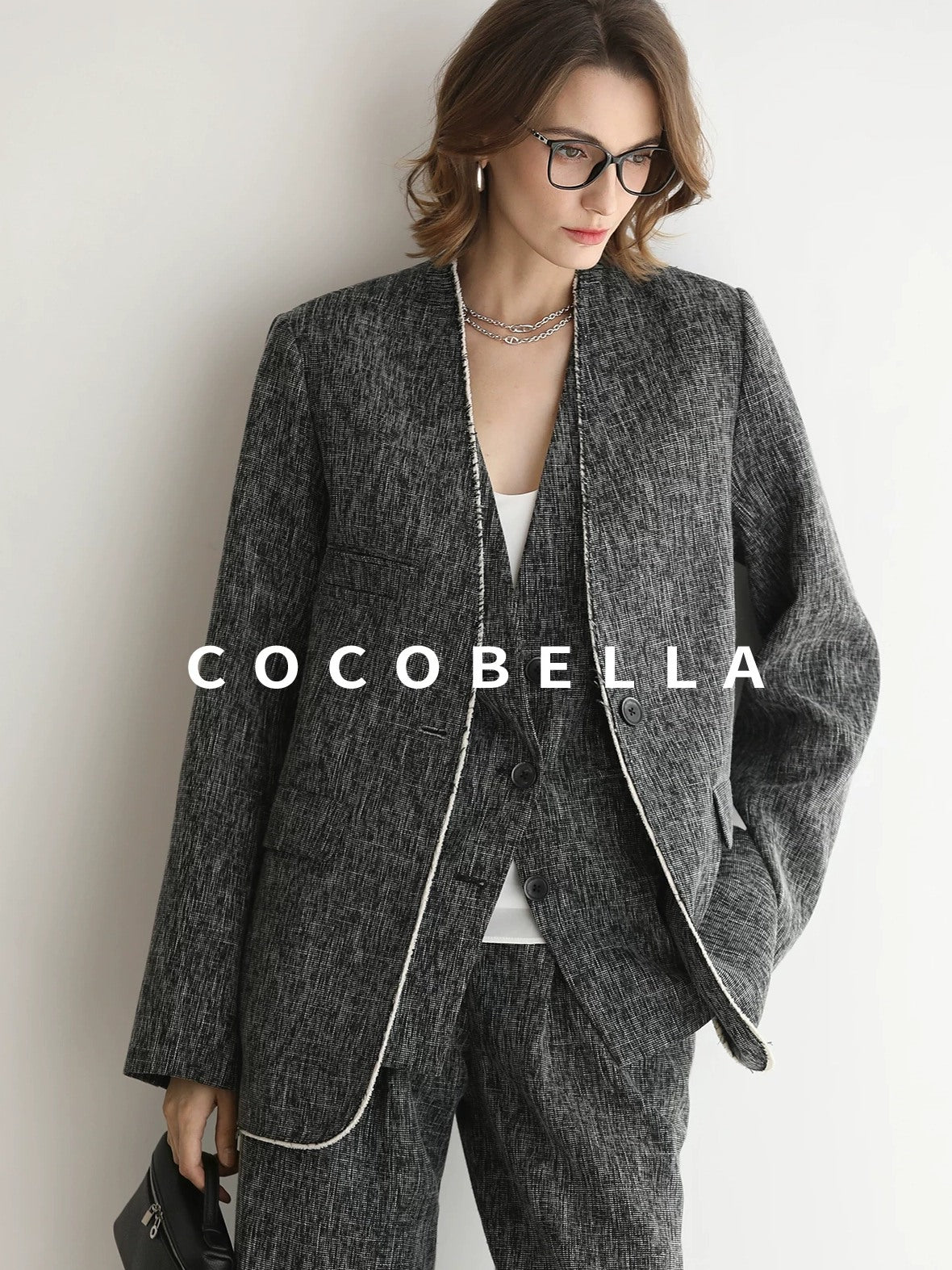 COCOBELLA Collarless Frayed Hem Office Straight Fit Single Button Women Work Blazers