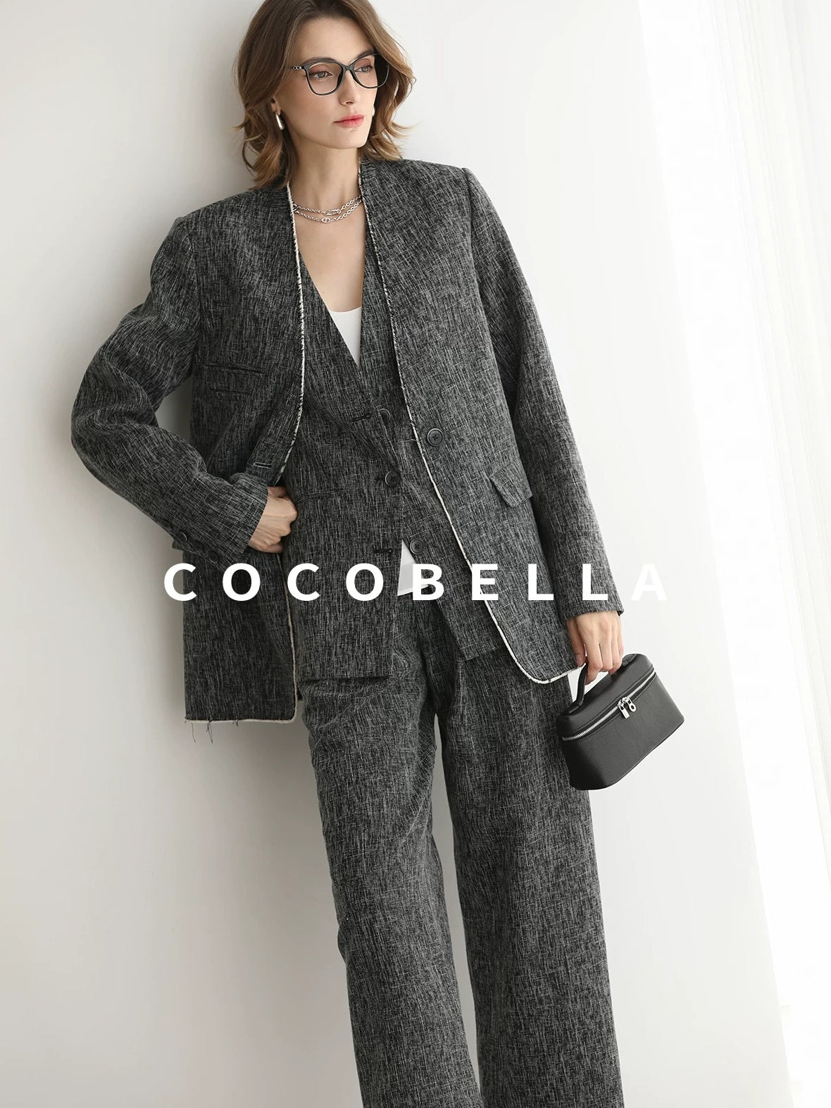COCOBELLA Collarless Frayed Hem Office Straight Fit Single Button Women Work Blazers