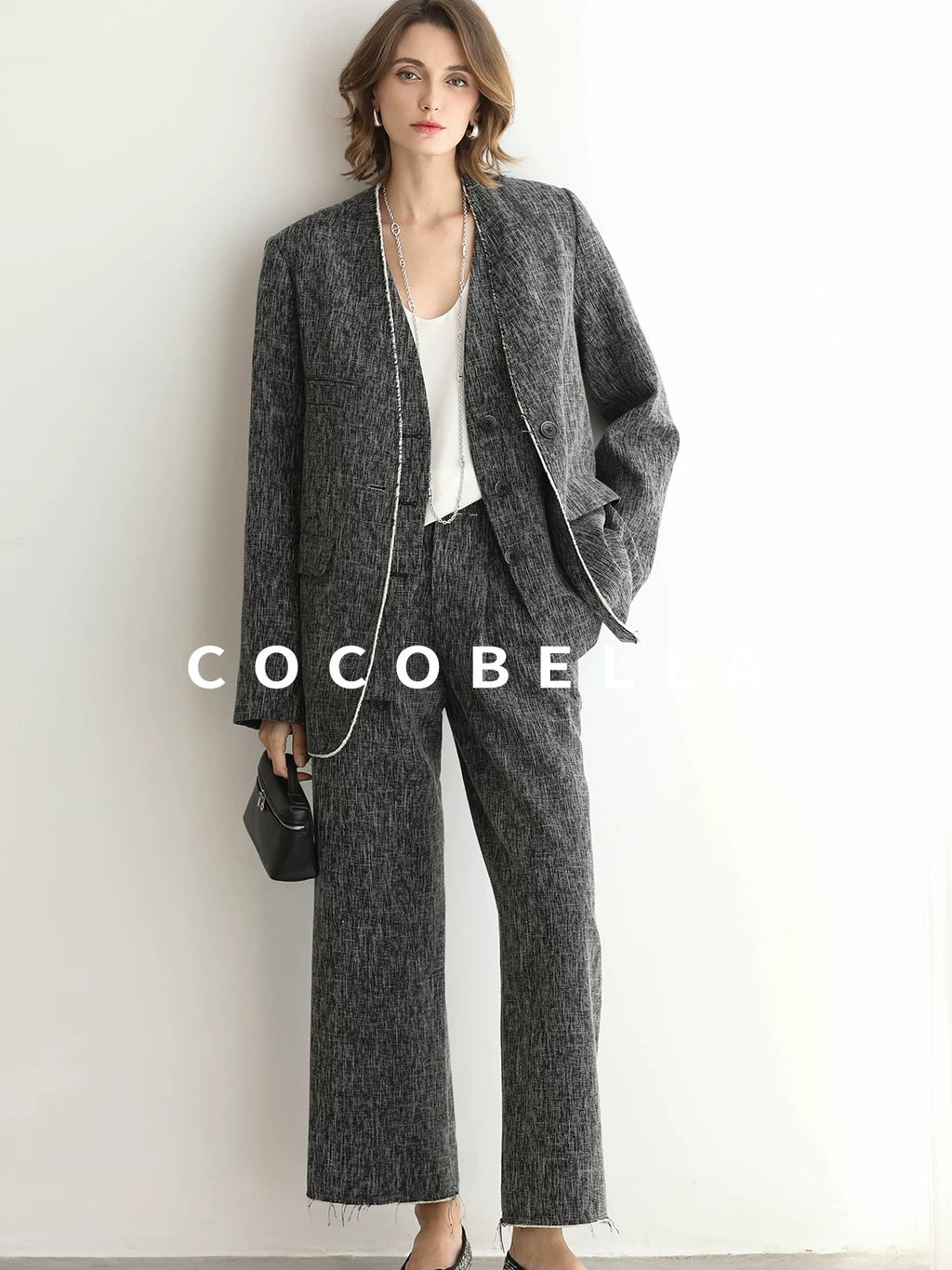 COCOBELLA Collarless Frayed Hem Office Straight Fit Single Button Women Work Blazers