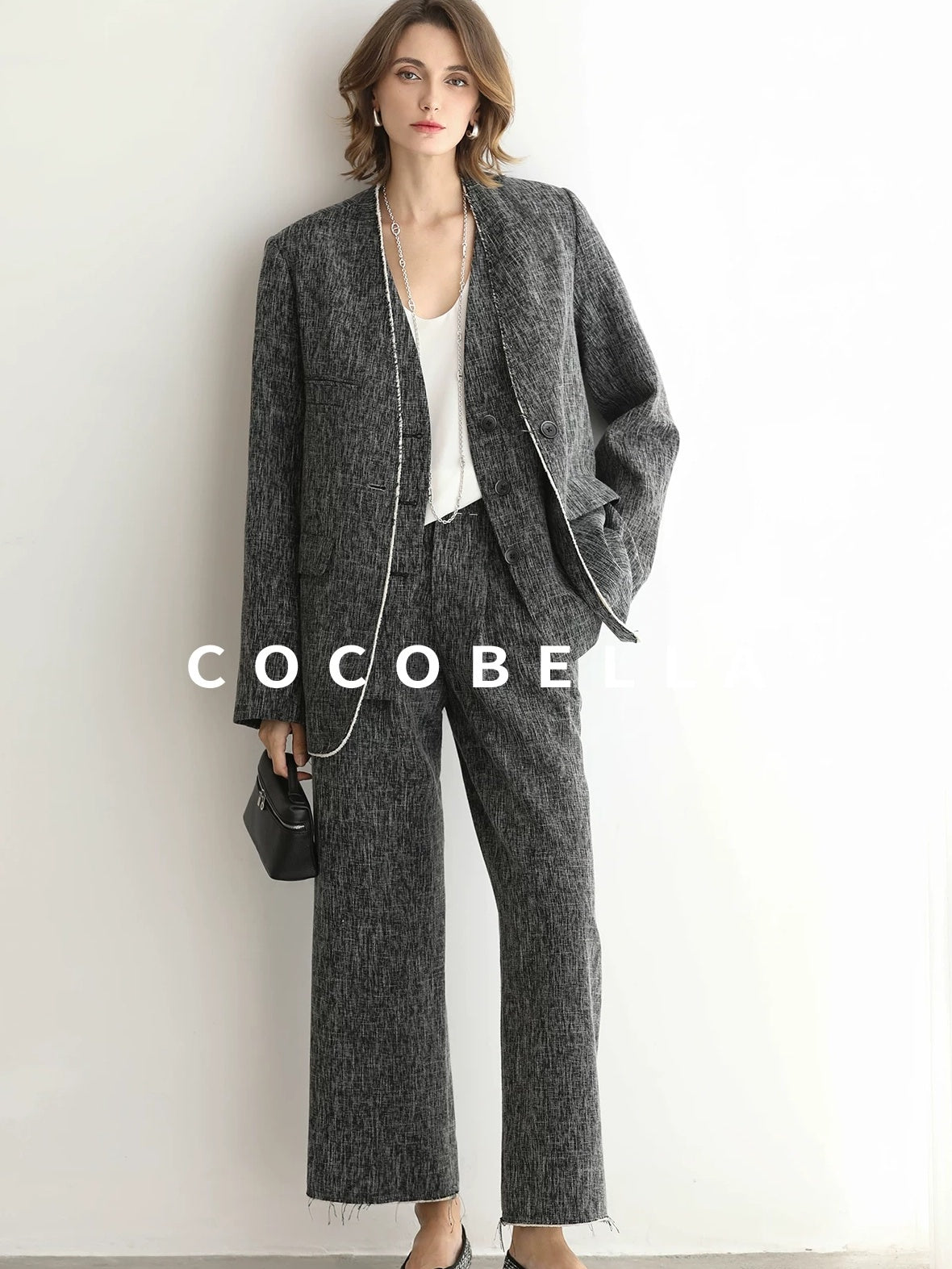 COCOBELLA Collarless Frayed Hem Office Straight Fit Single Button Women Work Blazers