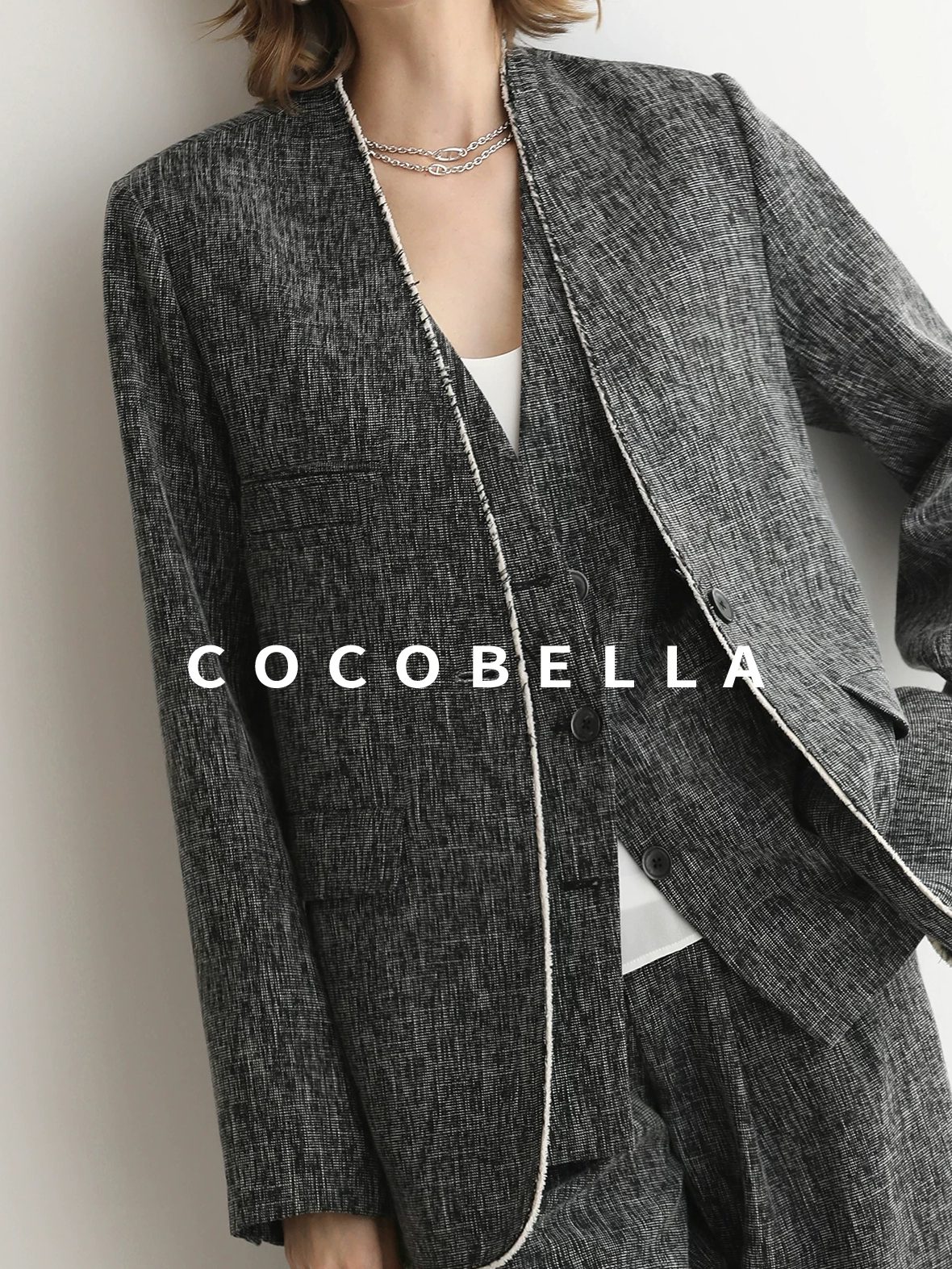COCOBELLA Collarless Frayed Hem Office Straight Fit Single Button Women Work Blazers
