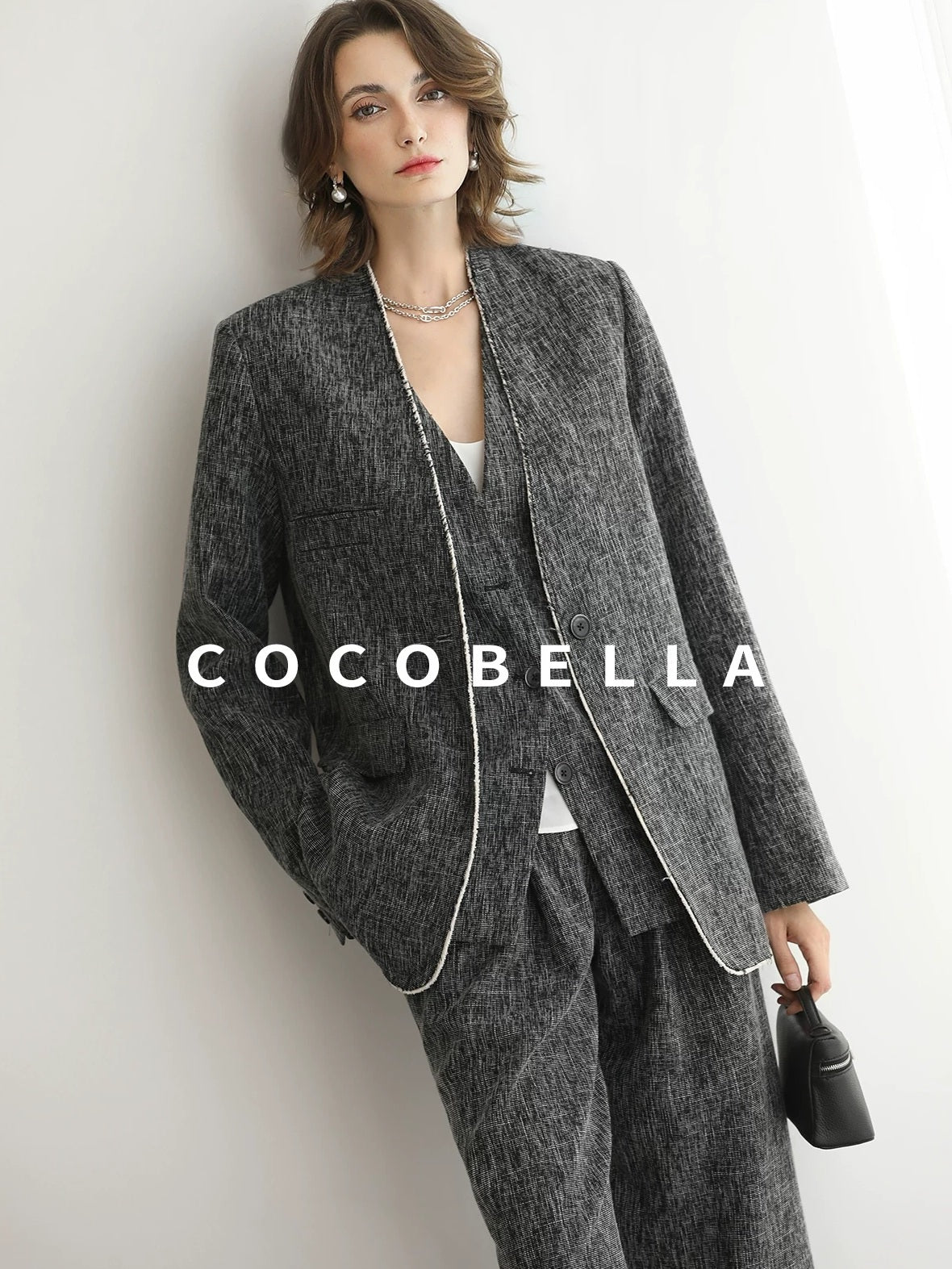 COCOBELLA Collarless Frayed Hem Office Straight Fit Single Button Women Work Blazers