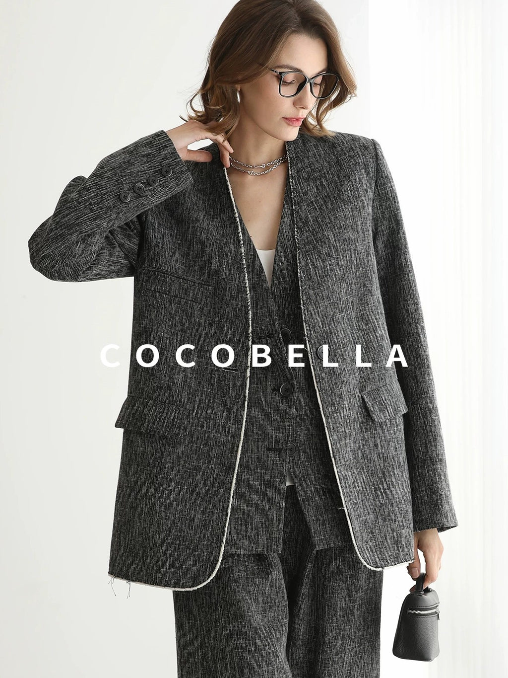 COCOBELLA Collarless Frayed Hem Office Straight Fit Single Button Women Work Blazers