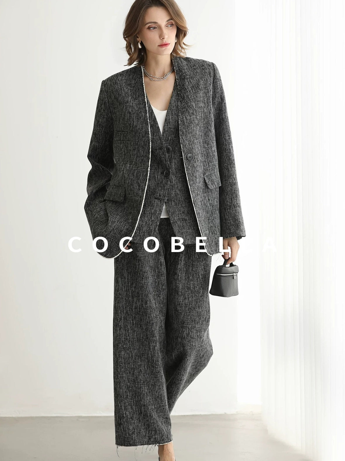 COCOBELLA Collarless Frayed Hem Office Straight Fit Single Button Women Work Blazers