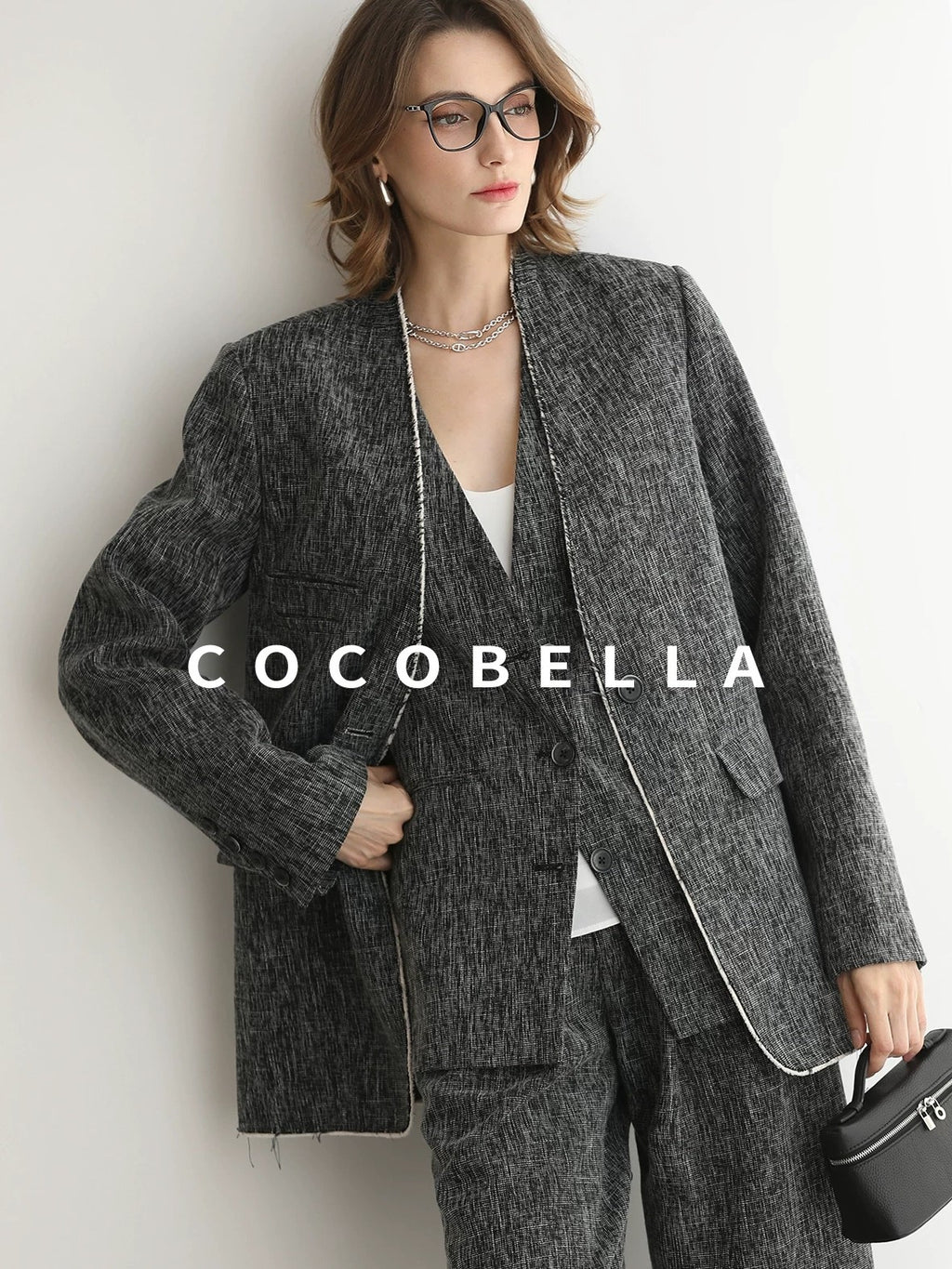 COCOBELLA Collarless Frayed Hem Office Straight Fit Single Button Women Work Blazers