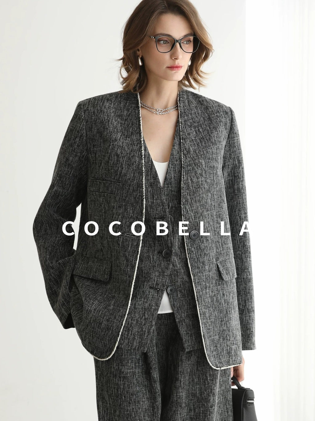 COCOBELLA Collarless Frayed Hem Office Straight Fit Single Button Women Work Blazers