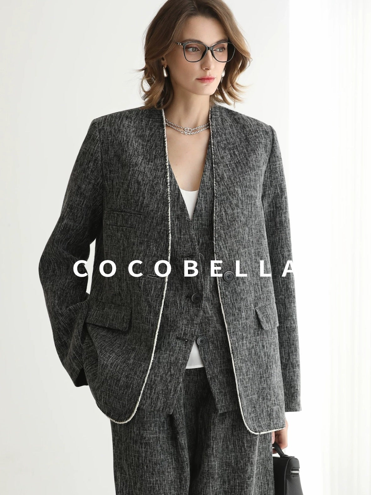 COCOBELLA Collarless Frayed Hem Office Straight Fit Single Button Women Work Blazers
