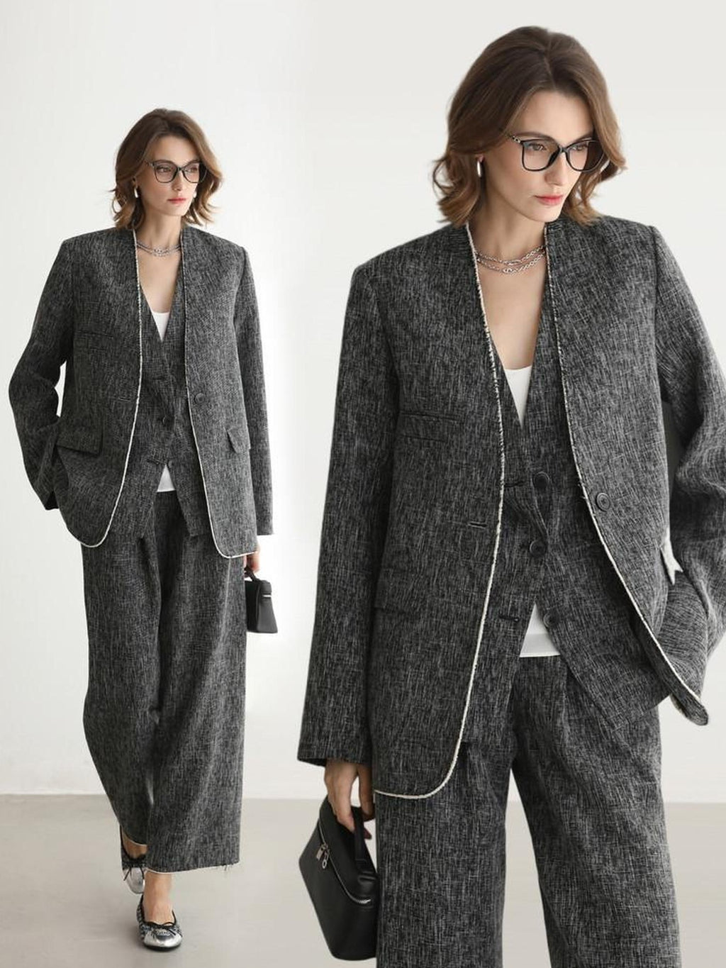 COCOBELLA Collarless Frayed Hem Office Straight Fit Single Button Women Work Blazers