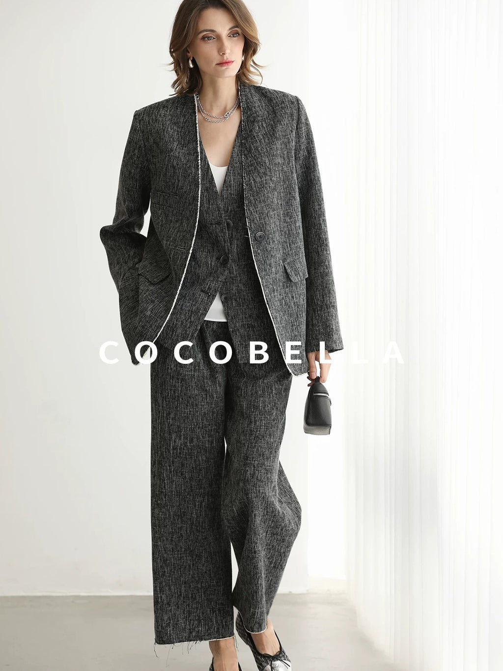 COCOBELLA Collarless Frayed Hem Office Straight Fit Single Button Women Work Blazers