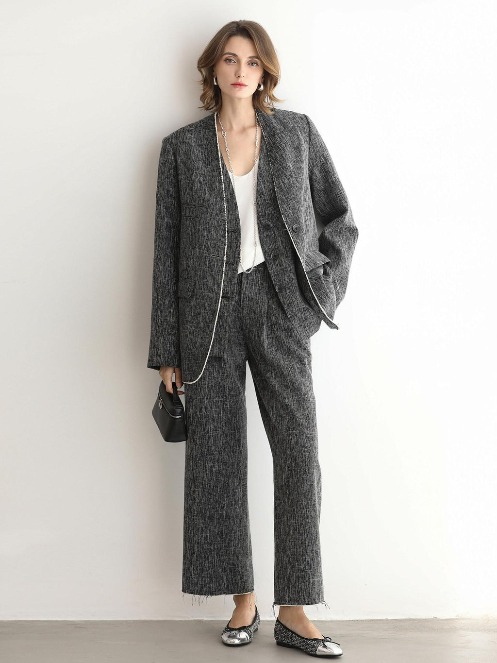 COCOBELLA Collarless Frayed Hem Office Straight Fit Single Button Women Work Blazers