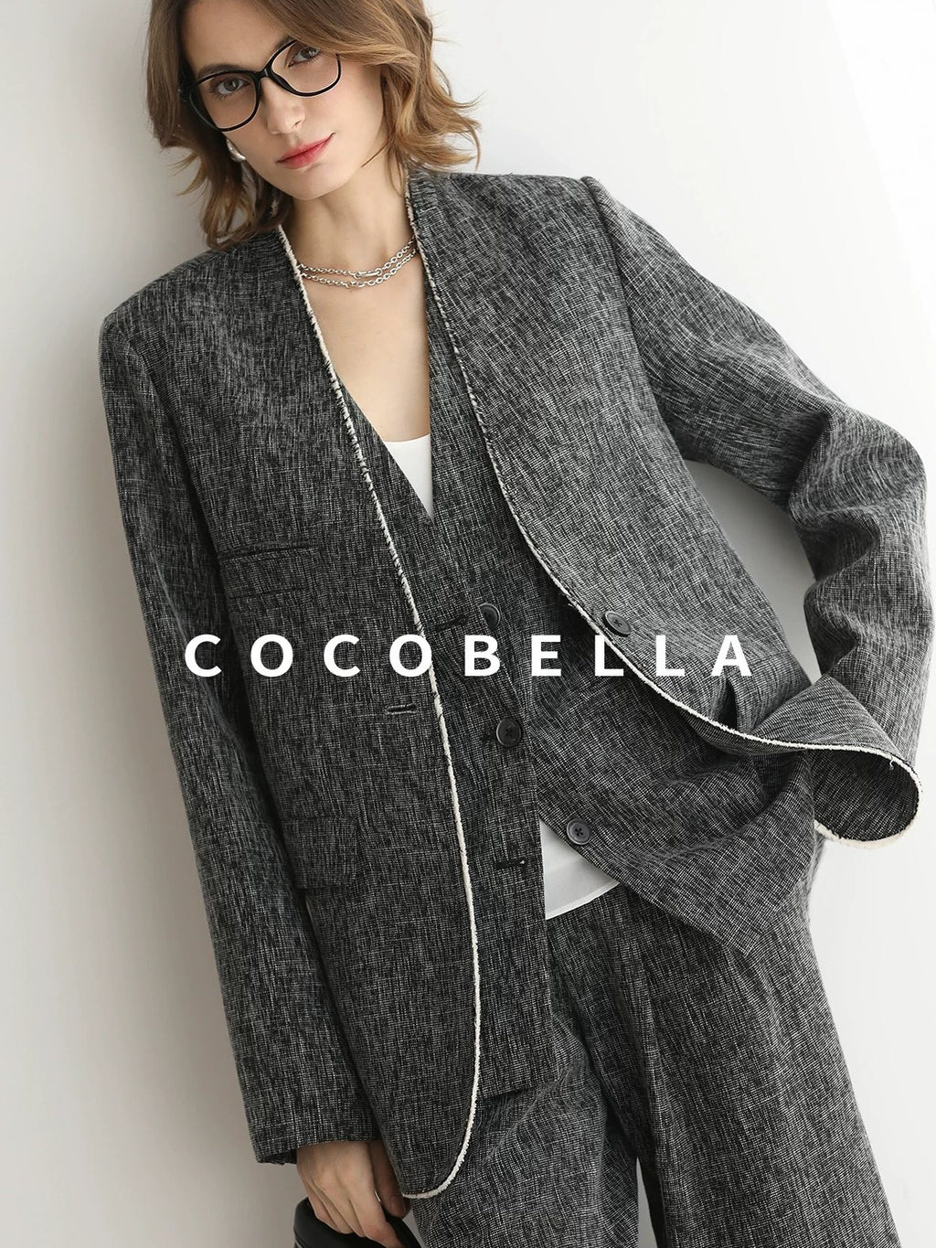 COCOBELLA Collarless Frayed Hem Office Straight Fit Single Button Women Work Blazers