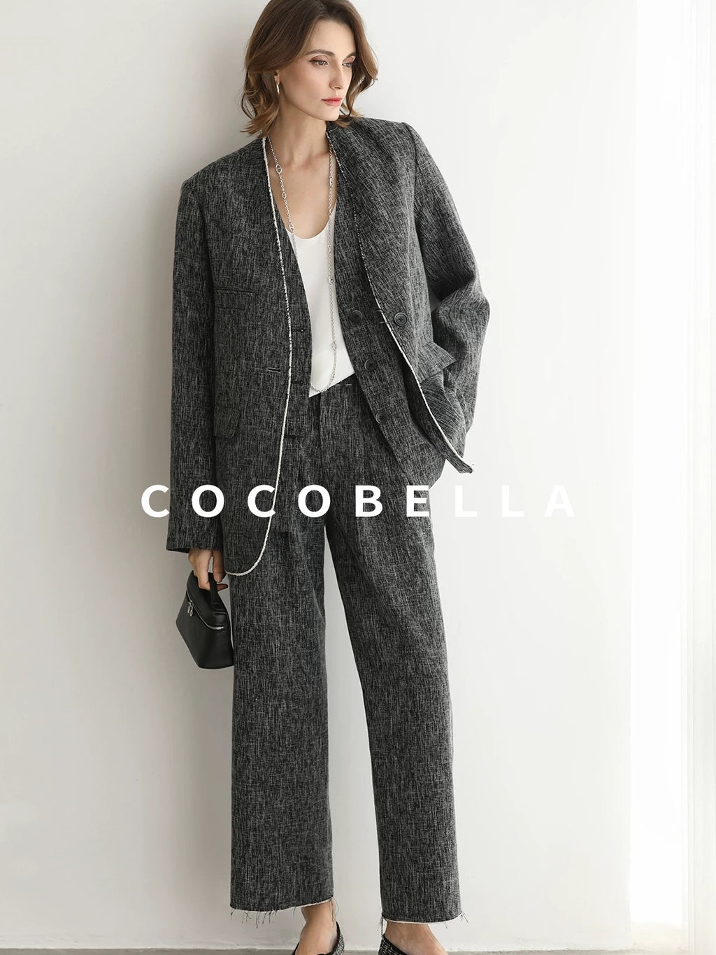 COCOBELLA Collarless Frayed Hem Office Straight Fit Single Button Women Work Blazers