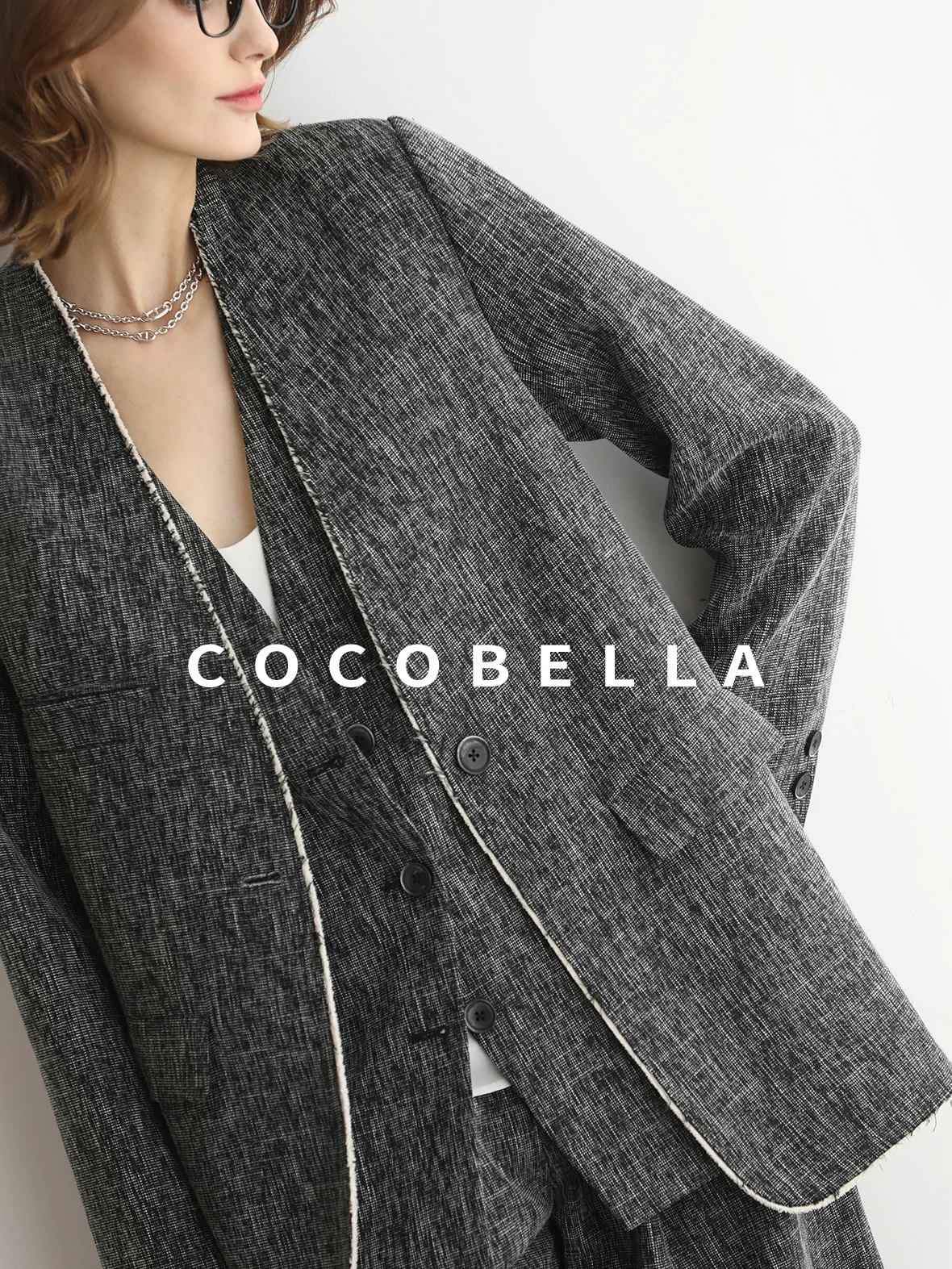 COCOBELLA Collarless Frayed Hem Office Straight Fit Single Button Women Work Blazers