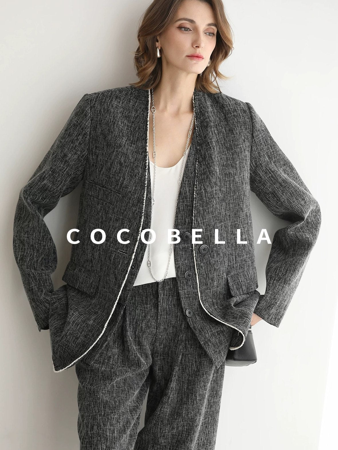 COCOBELLA Collarless Frayed Hem Office Straight Fit Single Button Women Work Blazers