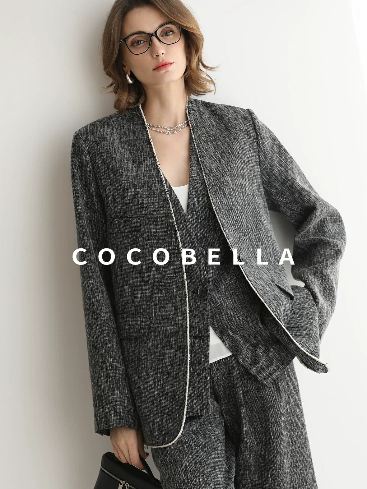 COCOBELLA Collarless Frayed Hem Office Straight Fit Single Button Women Work Blazers