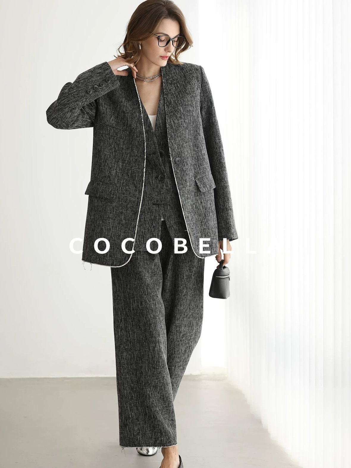 COCOBELLA Collarless Frayed Hem Office Straight Fit Single Button Women Work Blazers