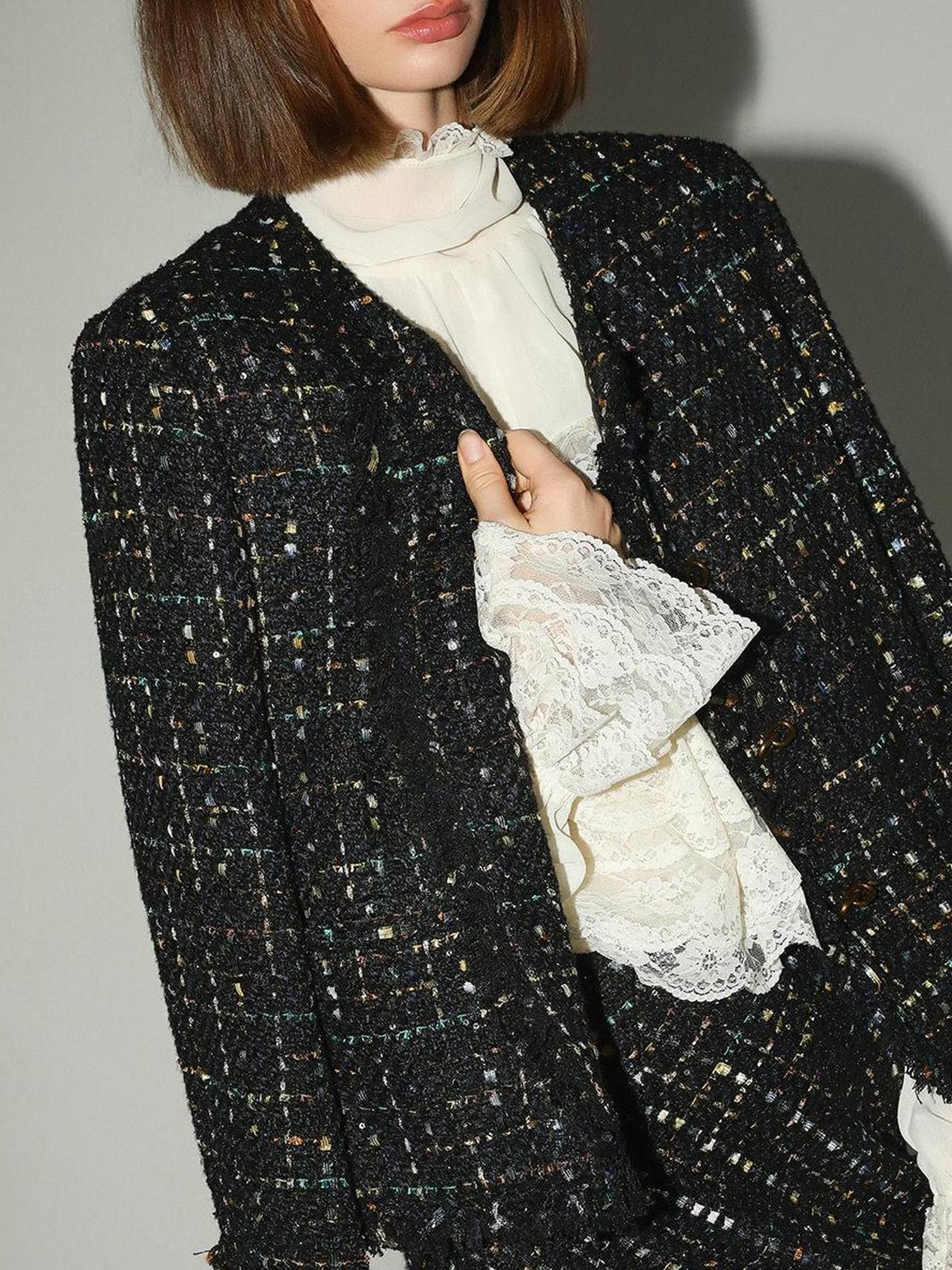 COCOBELLA Collarless Fringe Pocket Metal Button Straight Fit Ladylike Office Blazers