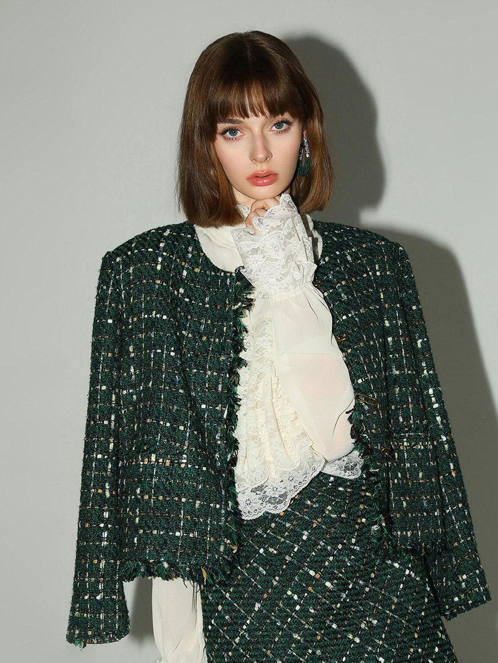 COCOBELLA Collarless Fringe Pocket Metal Button Straight Fit Ladylike Office Blazers