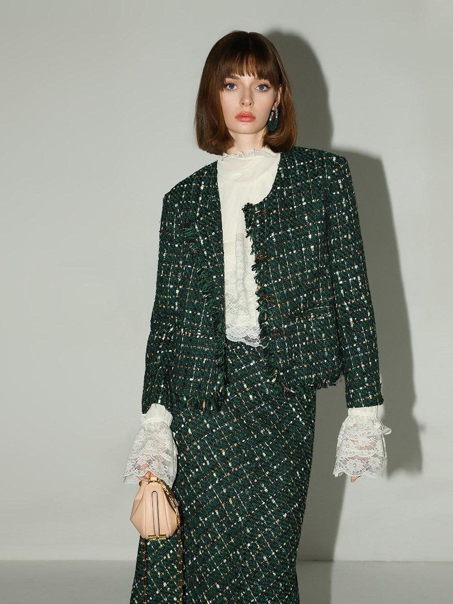 COCOBELLA Collarless Fringe Pocket Metal Button Straight Fit Ladylike Office Blazers