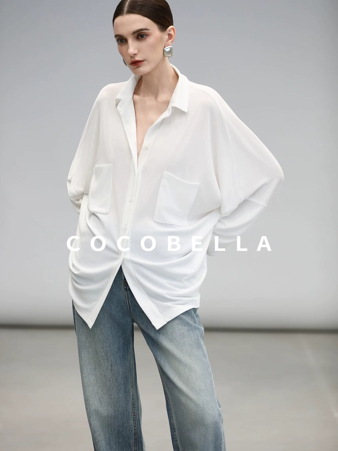 COCOBELLA Commuter Button Pocket Loose Fit Batwing Sleeve Collared Women Office Shirts